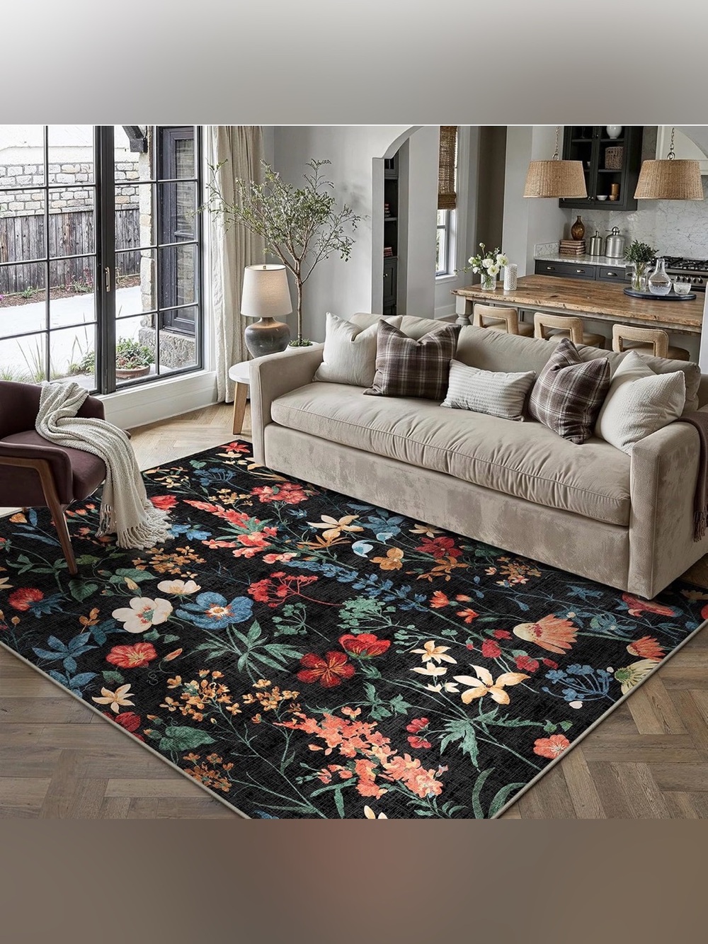 4x5 Black Floral Washable Area Rug